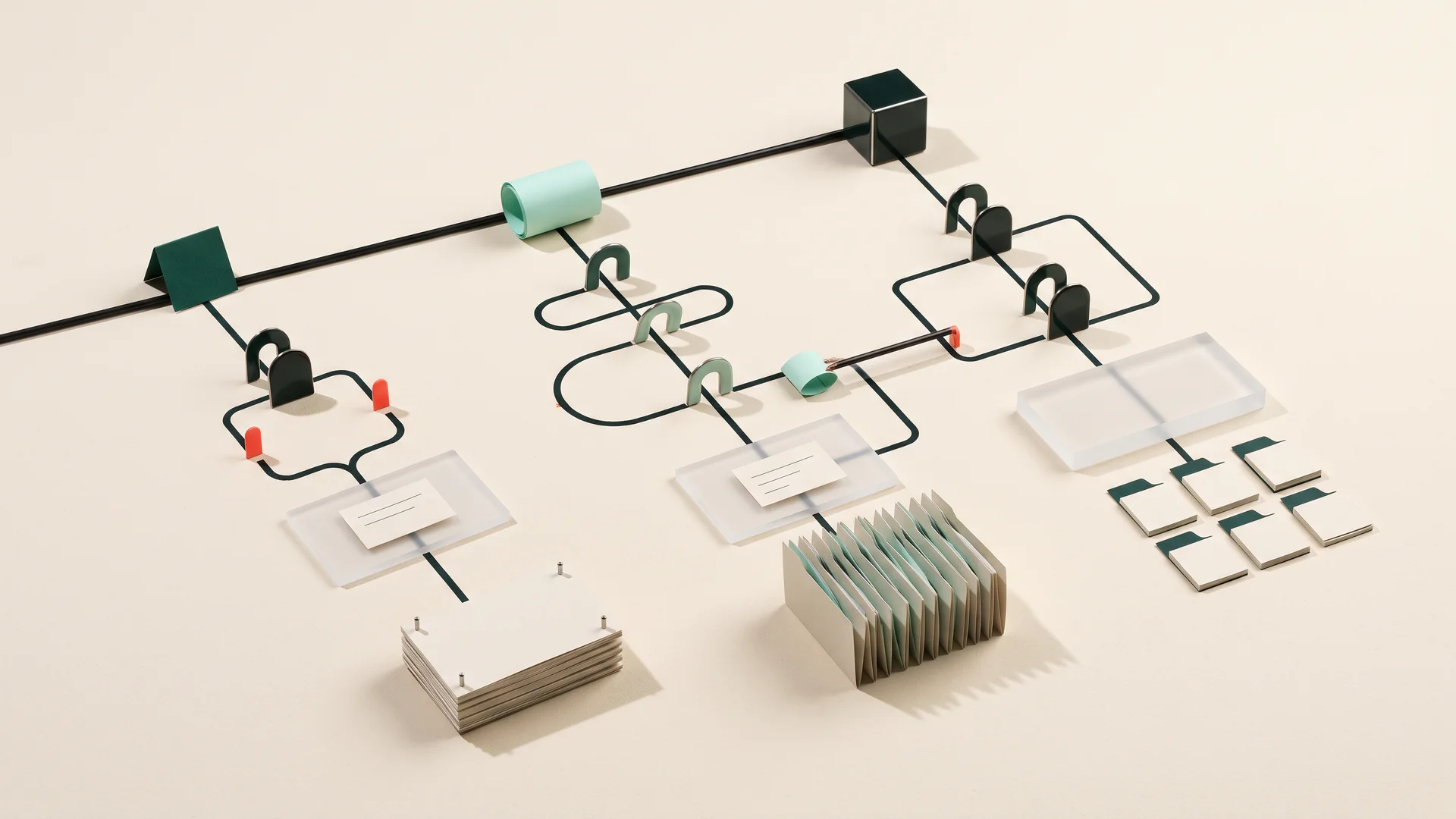 Three connected physical workflow lanes move records through validation, review, and organised outcomes.